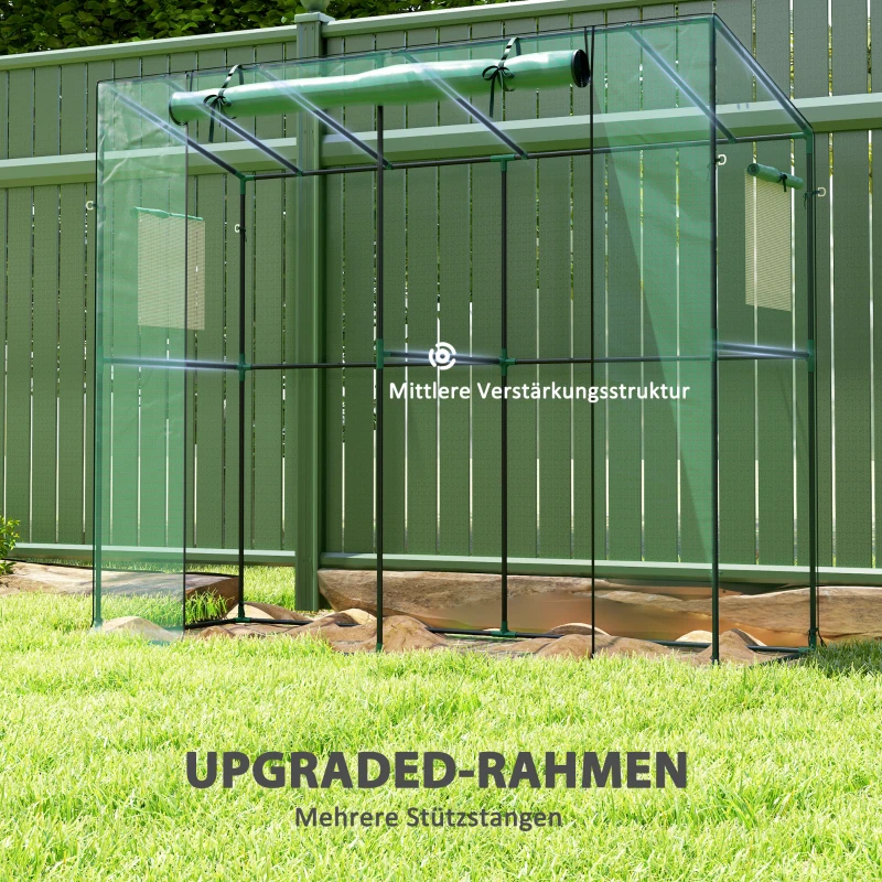 Outsunny Mini-Gewächshaus, Anlehn-Gewächshaus mit Rolltür und Netzfenstern, UV-beständig, für Blumen, Setzlinge, Pflanzen, Grün