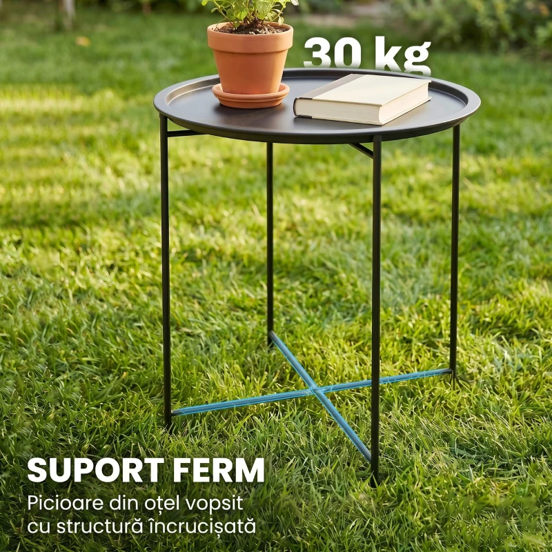 Outsunny Măsuță de grădină cu tavă detașabilă și picioare pliabile din oțel, Ø46x50 cm, negru