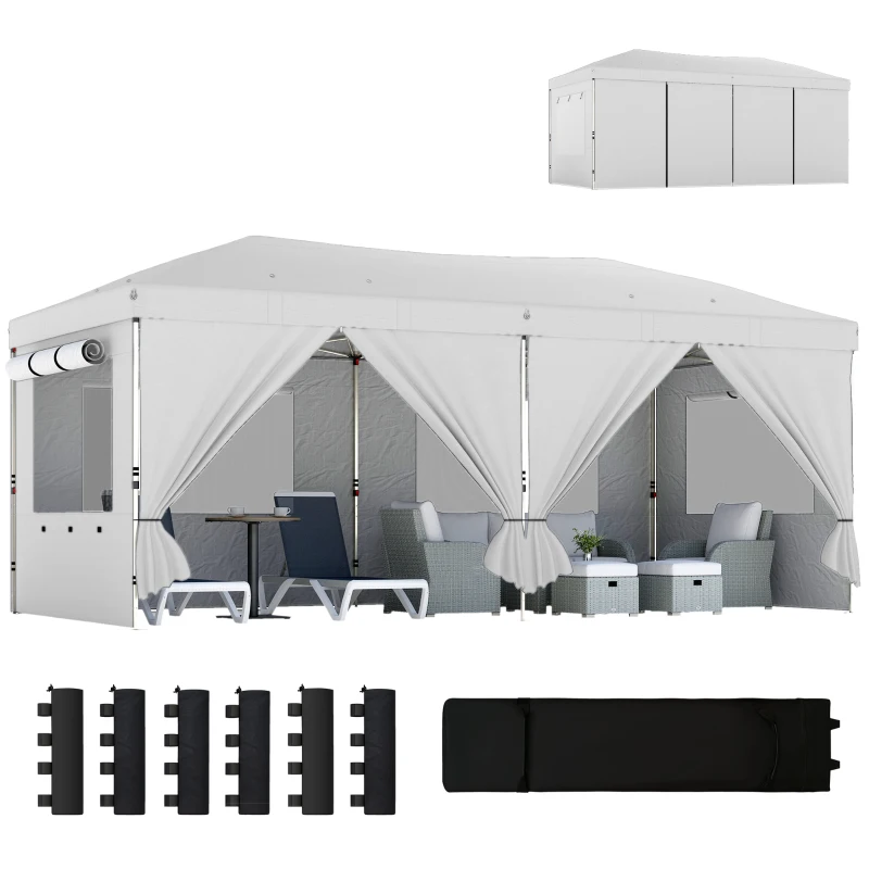 Outsunny 3 x 6 m Pop Up Canopy with UV50+ Protection Garden Gazebo with 6 Sidewalls, White