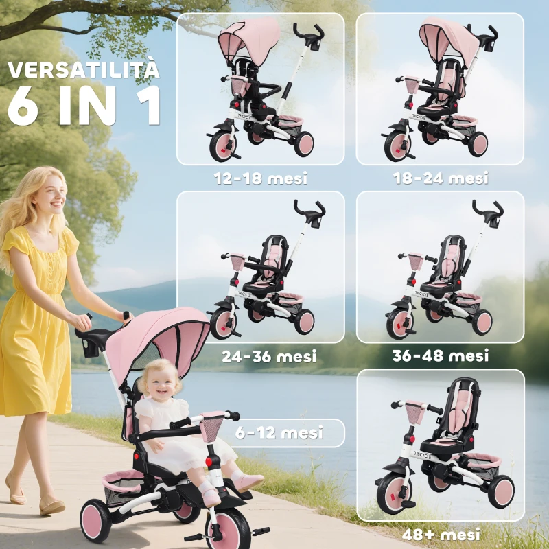 AIYAPLAY Triciclo per Bambini, 6 in 1 Passeggino per Bambini, con Maniglia da Spingere, Sedile Regolabile, Design Pieghevole, Rete di Sicurezza