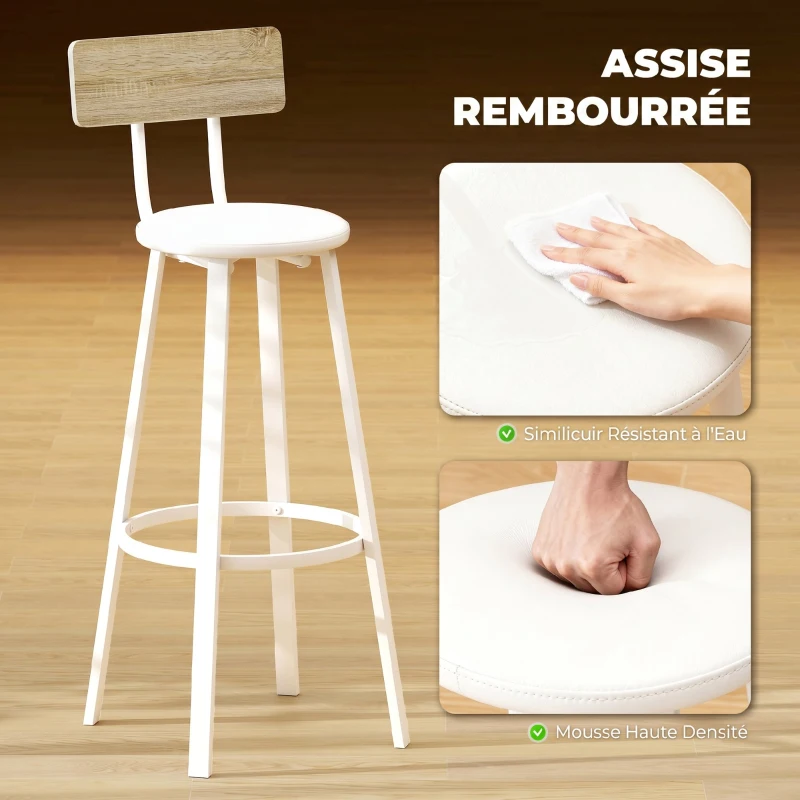 HOMCOM Lot de 2 tabourets de bar, chaises de bar, assise rembourrée 75,5H cm, dossier et repose-pieds, bois naturel et blanc