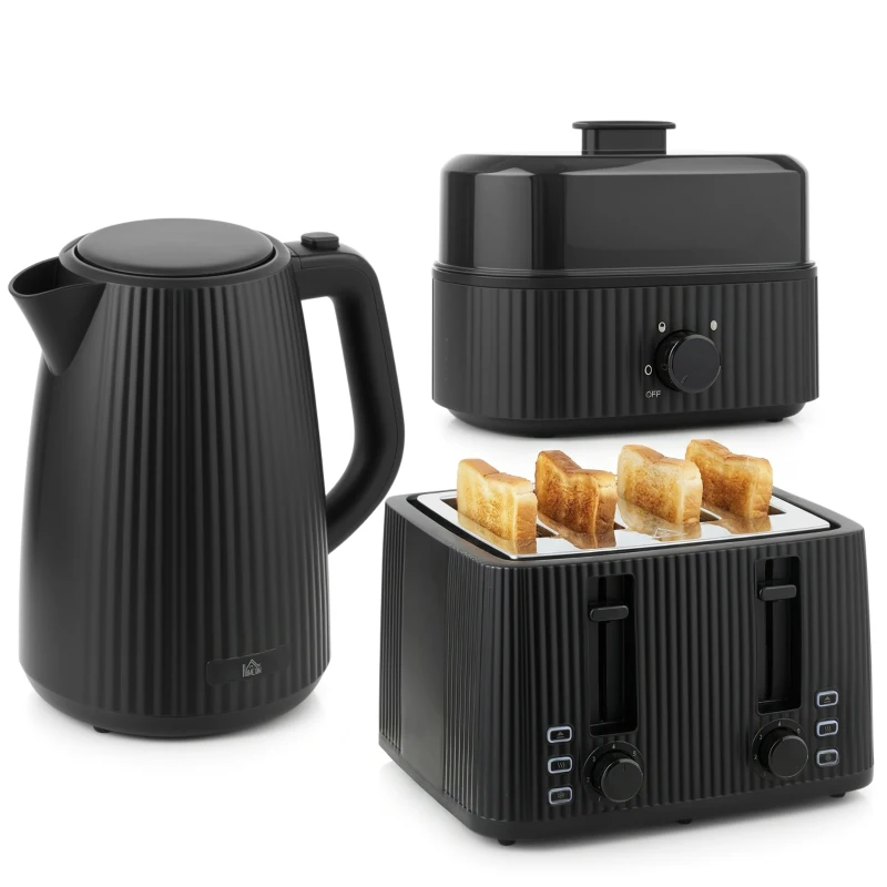 HOMCOM 1,7L Schnellkoch-Wasserkocher und 4-Scheiben-Toaster-Set, Eierkocher für 6 Eier mit Kontrollleuchte Schwarz