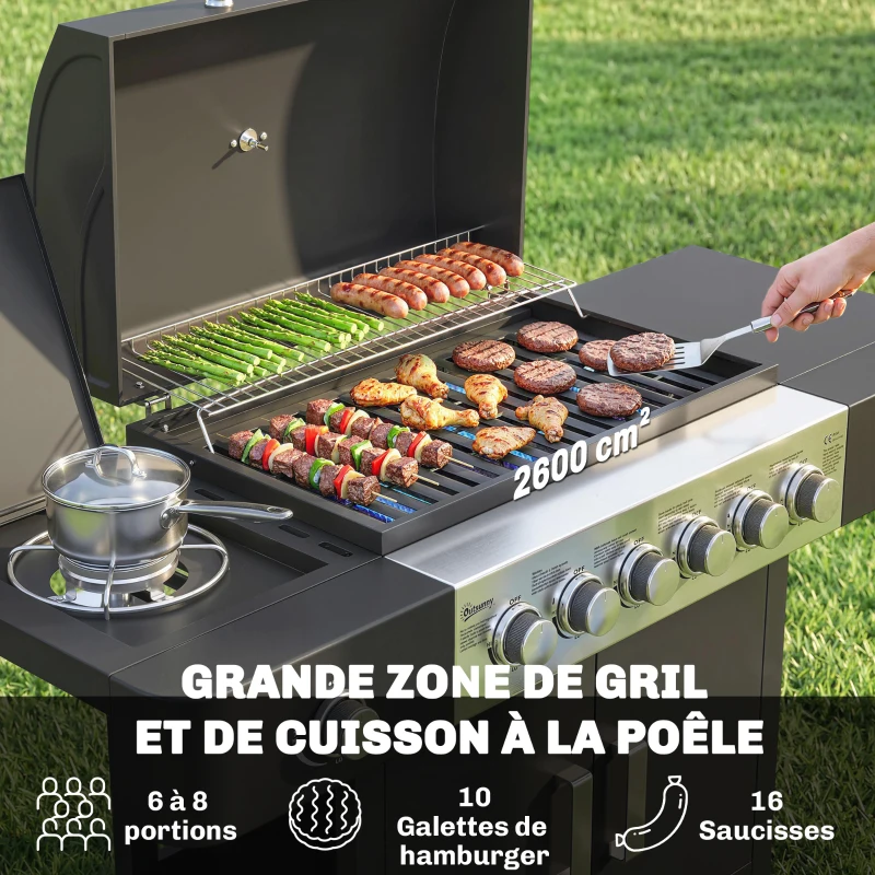 Outsunny Barbecue à gaz 6+1 brûleurs, chariot d'extérieur avec roues, grille de maintien au chaud, thermomètre, étagères latérales, noir