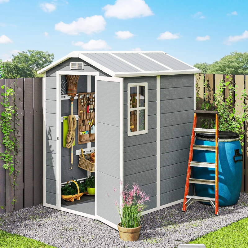 Outsunny Magazie de Grădină din Rășină cu Podea, Ușă Blocabilă și Fereastră, 1,3 x 1,8 m, Gri(m-8)