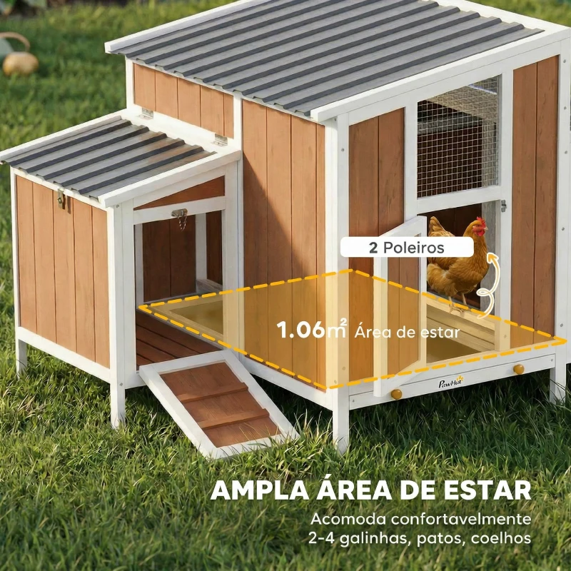 PawHut Galinheiro de Madeira Galinheiro de Exterior para 2-4 Galinhas com Casa Principal Ninho Bandeja Amovivel 145x90x92 cm Castanho Claro