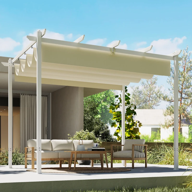 Outsunny Pérgola de Jardín 4x3 m con Techo Retráctil Protección UPF30+ Drenaje Cenador de Jardín para Patio Exterior Beige