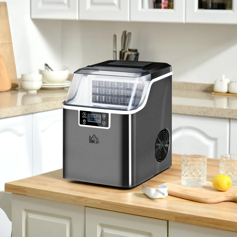 HOMCOM Machine à glaçons, 20 kg en 24h, 24 glaçons en 14-18 min, ice maker avec fonction autonettoyante, 25,2x36x37,1cm, noir