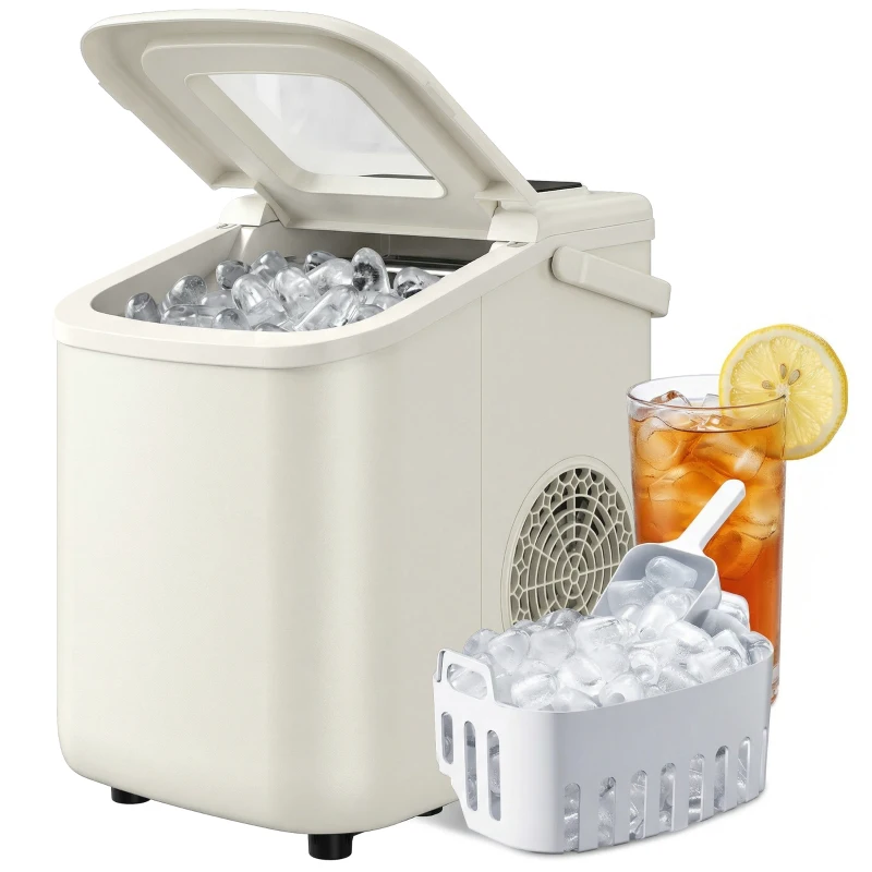 HOMCOM Draagbare ijsblokjesmachine met zelfreiniging, ijschep & mand, 12 kg/24 uur, Beige