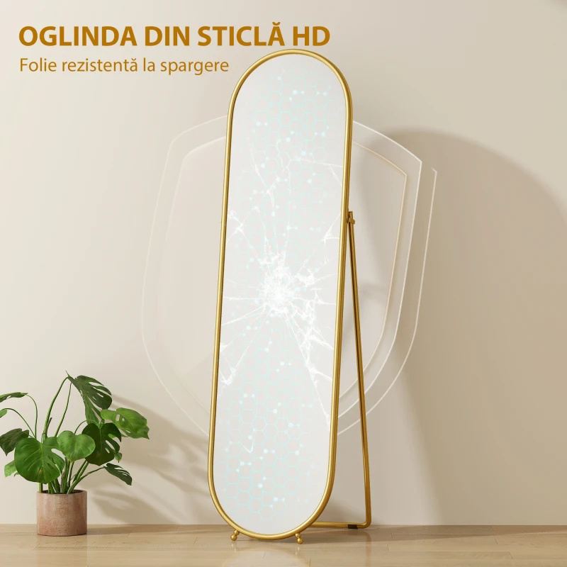 HOMCOM Oglindă de podea, cu suport pliabil, sticlă și metal, 50x4x180 cm, auriu