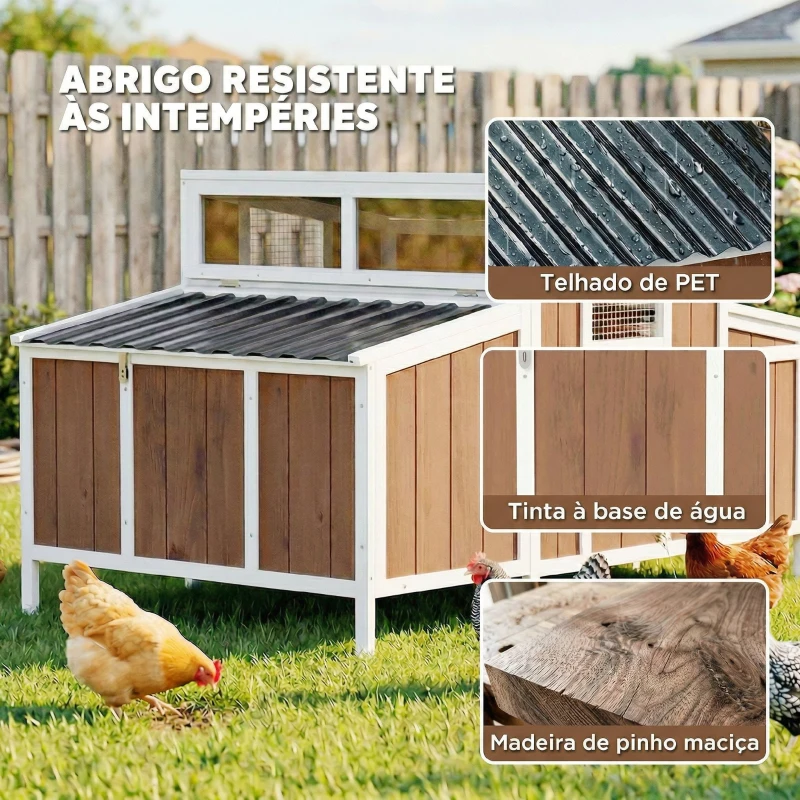 PawHut Galinheiro de Madeira Galinheiro de Exterior para 2-4 Galinhas com Casa Principal Ninho Bandeja Amovivel 145x90x92 cm Castanho Claro