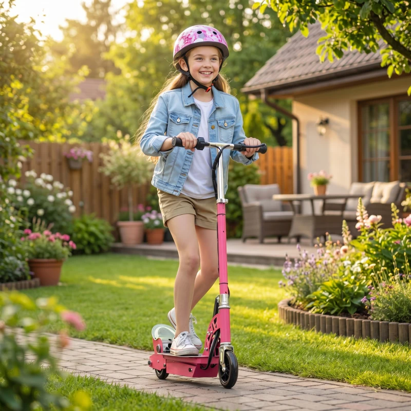 HOMCOM Foldable Powered Scooter with Adjustable Seat, Brake, Pink