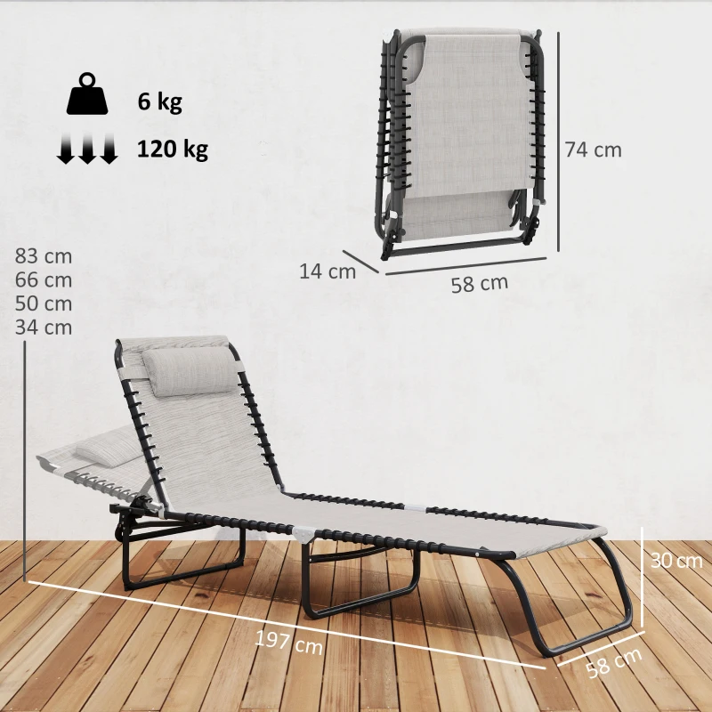 Outsunny Tumbona Plegable, Tumbona Jardín Exterior Reclinable 4 Posiciones con Reposacabezas y Marco de Acero, Carga 120 kg, para Terraza, Piscina, Playa, 189x58x30 cm, Crema