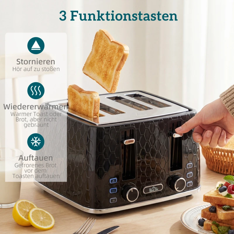 HOMCOM 1,7L 2200W Schnellkoch-Wasserkocher und 4-Scheiben-Toaster-Set mit Kalkfilter, Schwarz