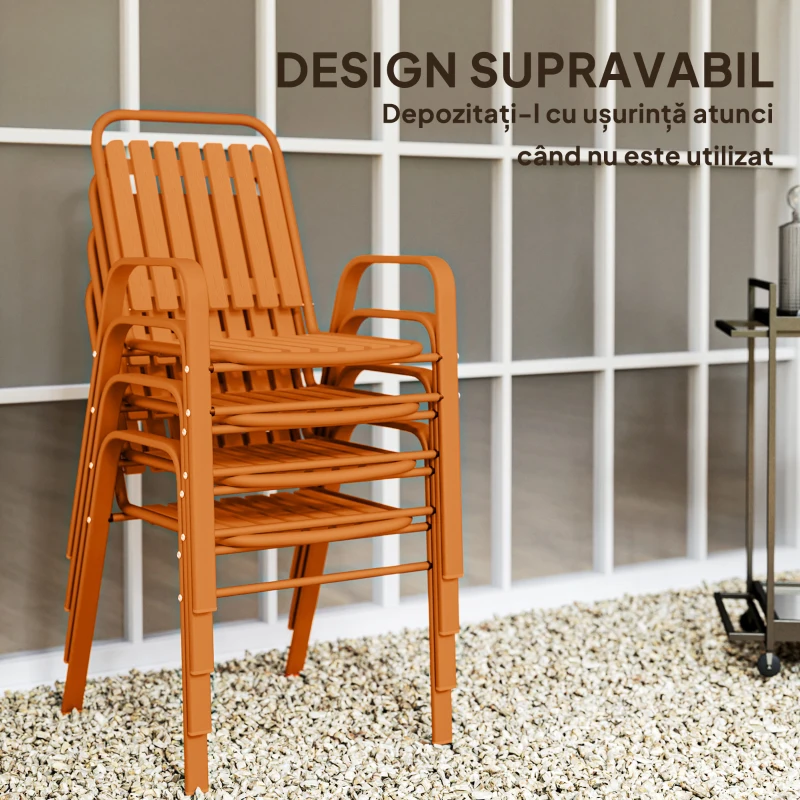 Outsunny Set de 4 Scaune de Grădină Stivuibile cu Spătar Înalt și Brațe, 56x66x91 cm, Maro Închis