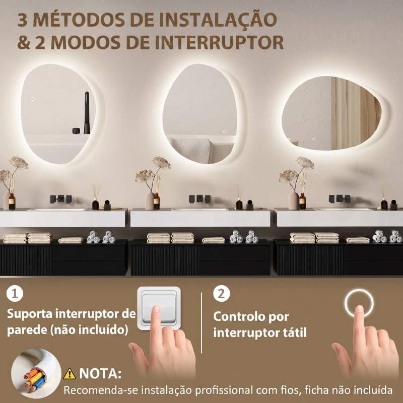 HOMCOM Espelho de Casa de Banho LED 3 Cores de Luz Brilho Regulável Função Anti-Embaciamento Função Memória IP44 70x50 cm Prata