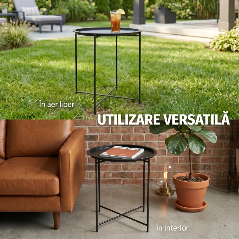 Outsunny Măsuță de grădină cu tavă detașabilă și picioare pliabile din oțel, Ø46x50 cm, negru