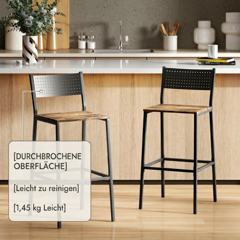 HOMCOM Lot de 2 tabourets de bar, chaises de bar, assise 72,5H cm, dossier et repose-pieds, pieds en métal, brun rustique