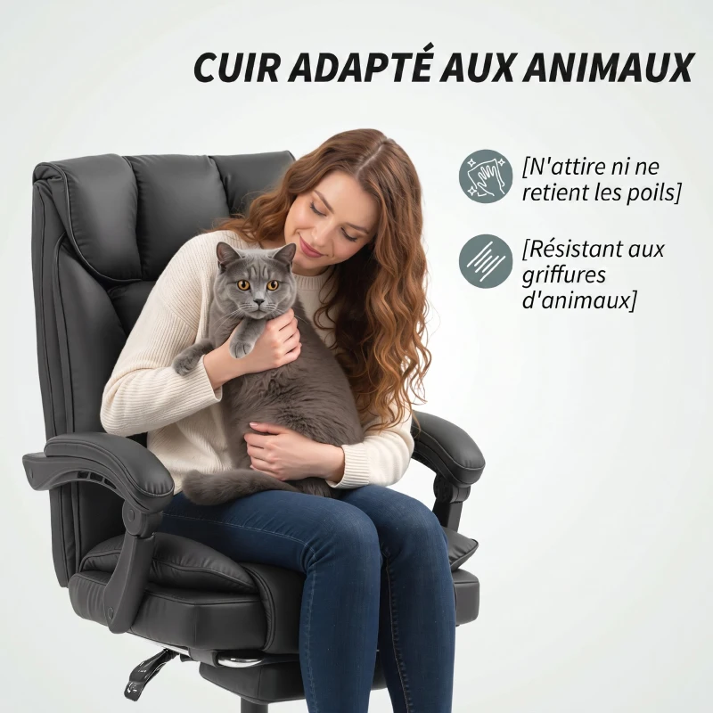 HOMCOM Chaise de bureau ergonomique, fauteuil de bureau inclinable avec repose-pieds, hauteur réglable, pivotante 360°, noir