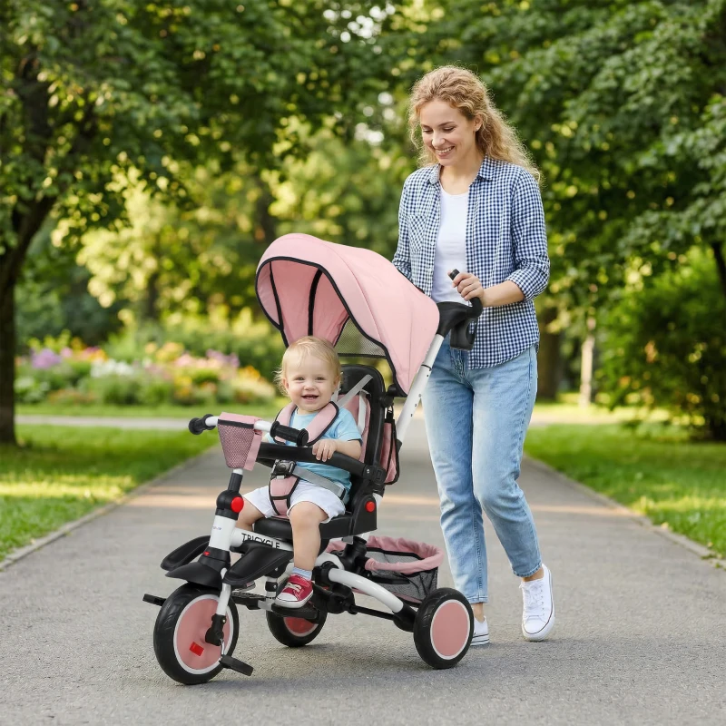 AIYAPLAY Triciclo per Bambini, 6 in 1 Passeggino per Bambini, con Maniglia da Spingere, Sedile Regolabile, Design Pieghevole, Rete di Sicurezza