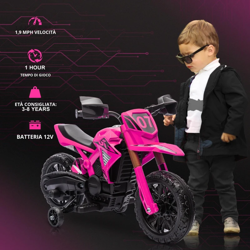 AIYAPLAY Moto elettrica per bambini, motocicletta 12V con rotelle di supporto, veicolo per bambini con clacson e suoni di avviamento, 3 km/h, Rosa