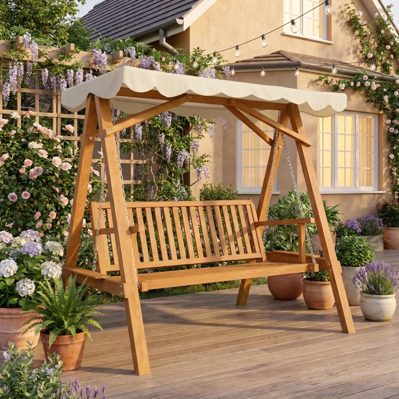 Outsunny Dondolo da Giardino Stile Classico Legno Massello di Pino Conforme alle Norme di FS Tettuccio Parasole in Tessuto di Poliestere con Rivestimento di PA 162x130x185cm 240kg