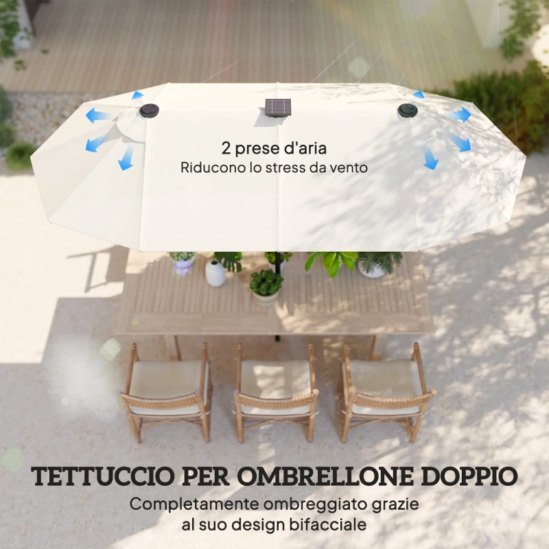 Outsunny Ombrellone Doppio con Luci LED e Manovella, in Poliestere e Acciaio, 2.92x1.5x2.2 m, Beige