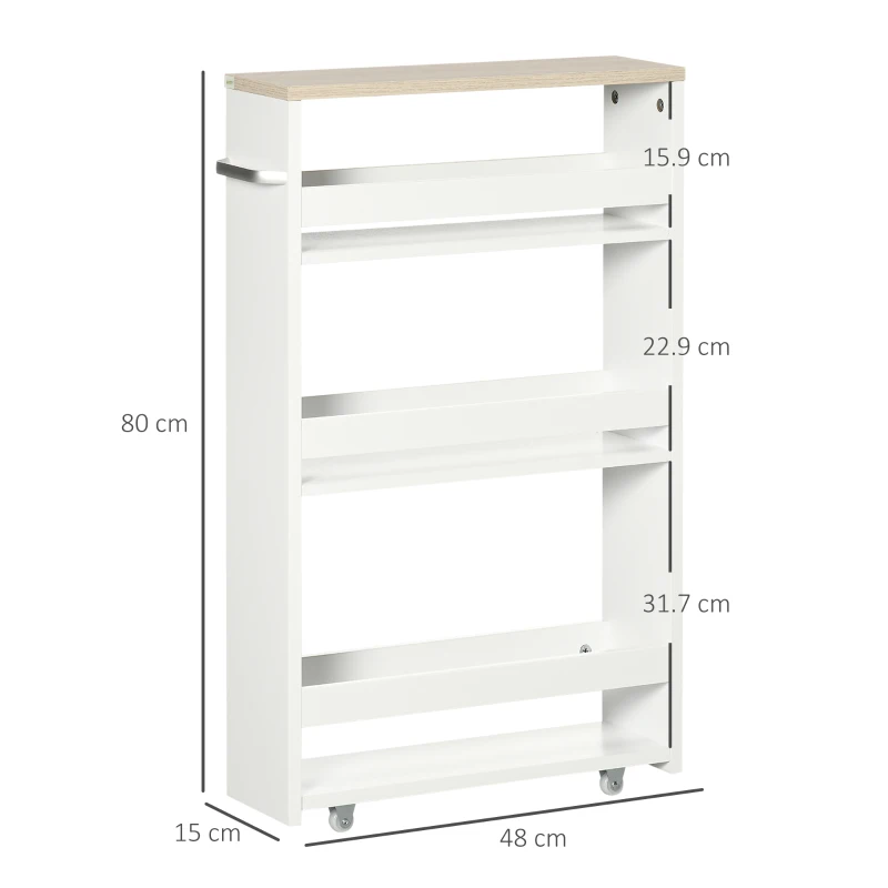 kleankin Storage Cart, 4-Tier Compact Storage Trolley on Wheels and Handle, 48W x 15D x 80H cm, White