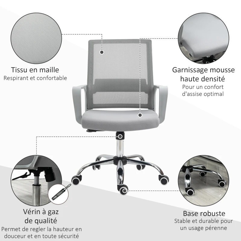 Vinsetto Lot de 2 fauteuils chaise de bureau ergonomique hauteur réglable pivotante 360° revêtement maille gris