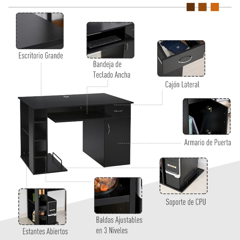 HOMCOM Secretária para Escritório com Prateleiras Abertas Gabinete Suporte para Cpu e Bandeja Removível 120x60x74 cm Preto