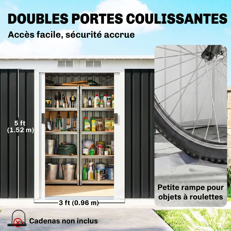 Outsunny Abri de jardin en acier galvanisé XXL 3,6 m² avec kit de fondation 280 x 130 x 172 cm, cabane de jardin cabanon rangement outils avec portes coulissantes verrouillables aérations, noir(m-5)