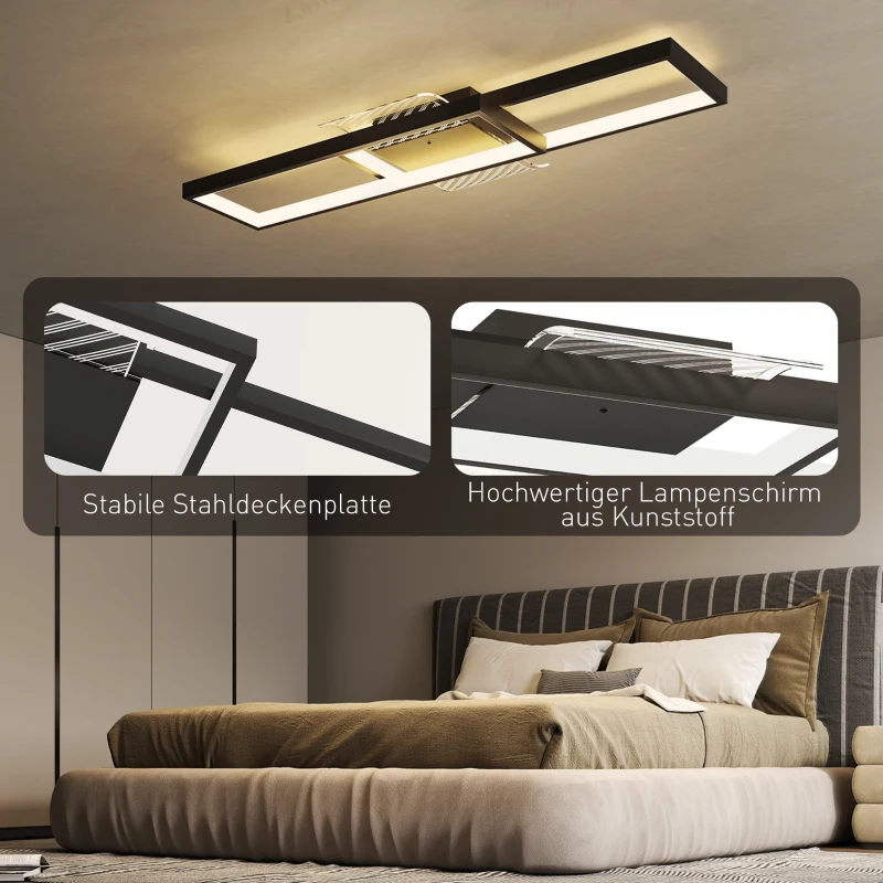 HOMCOM Deckenleuchte LED 43W 4600LM 3000-6000K dimmbare Deckenlampe Flach mit Fernbedienung Wandschalter 70 x 30 x 7 cm Schwarz