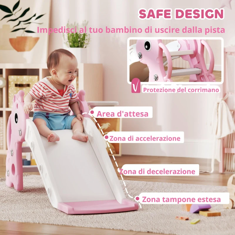 AIYAPLAY Scivolo bambini 3-in-1 a forma di giraffa con canestro e pallone, 106×51,5×52 cm, Rosa