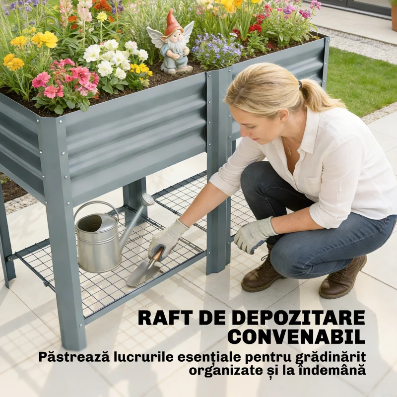 Outsunny Jardinieră Ridicată cu Raft de Depozitare, 150L, Oțel Galvanizat, Înălțime 80 cm, pentru Grădină sau Terasă