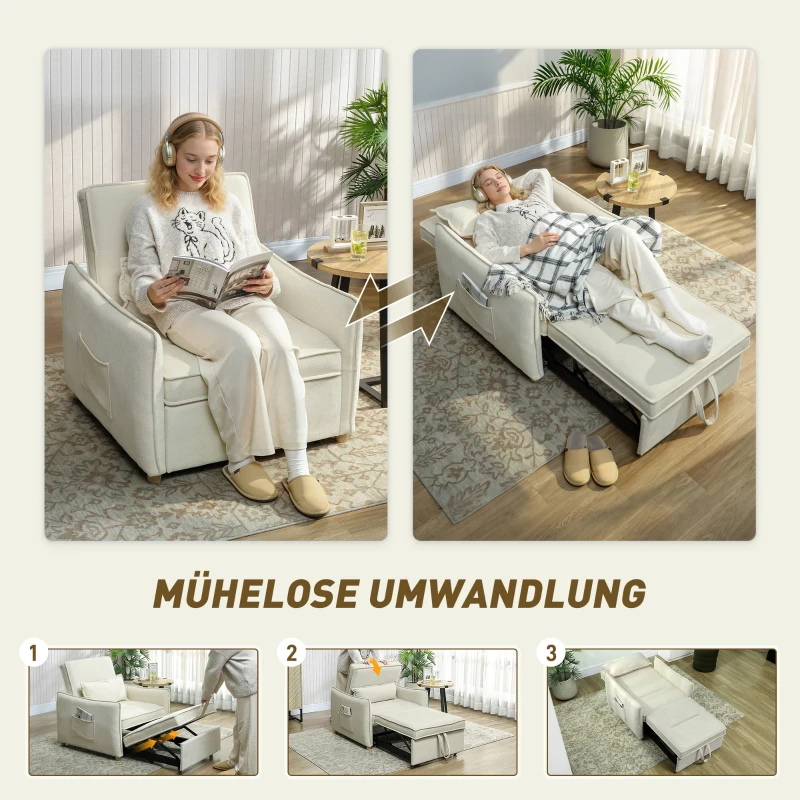 HOMCOM Schlafsessel 3 in 1 Umwandelbarer Sessel mit Bettfunktion, Lendenkissen, für Wohnzimmer Creme