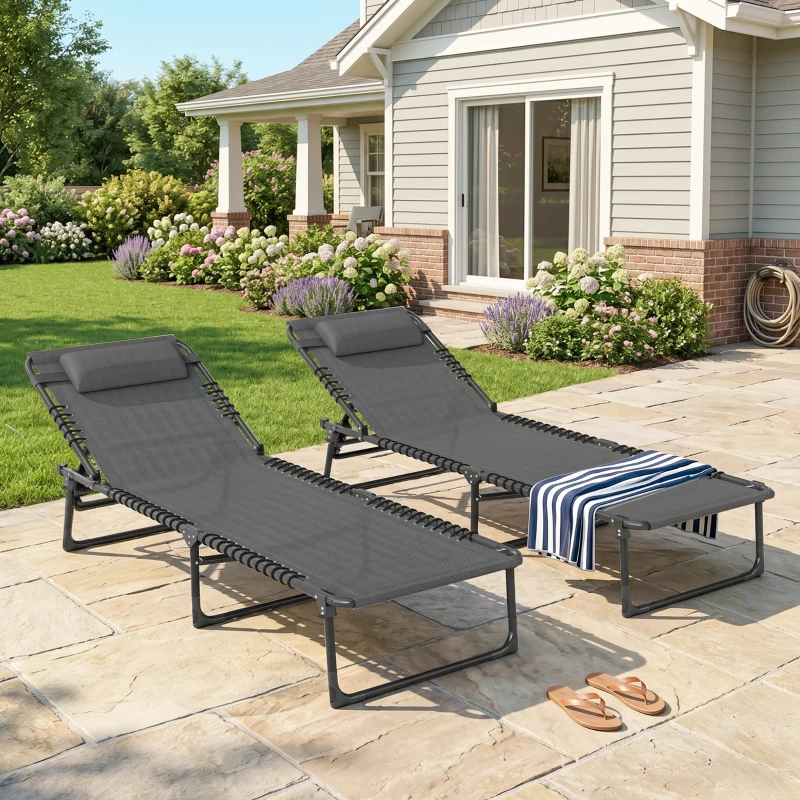 Outsunny Lot de 2 bain de soleil transat pliable dossier inclinable multi-positions acier lacets élastiques textilène gris