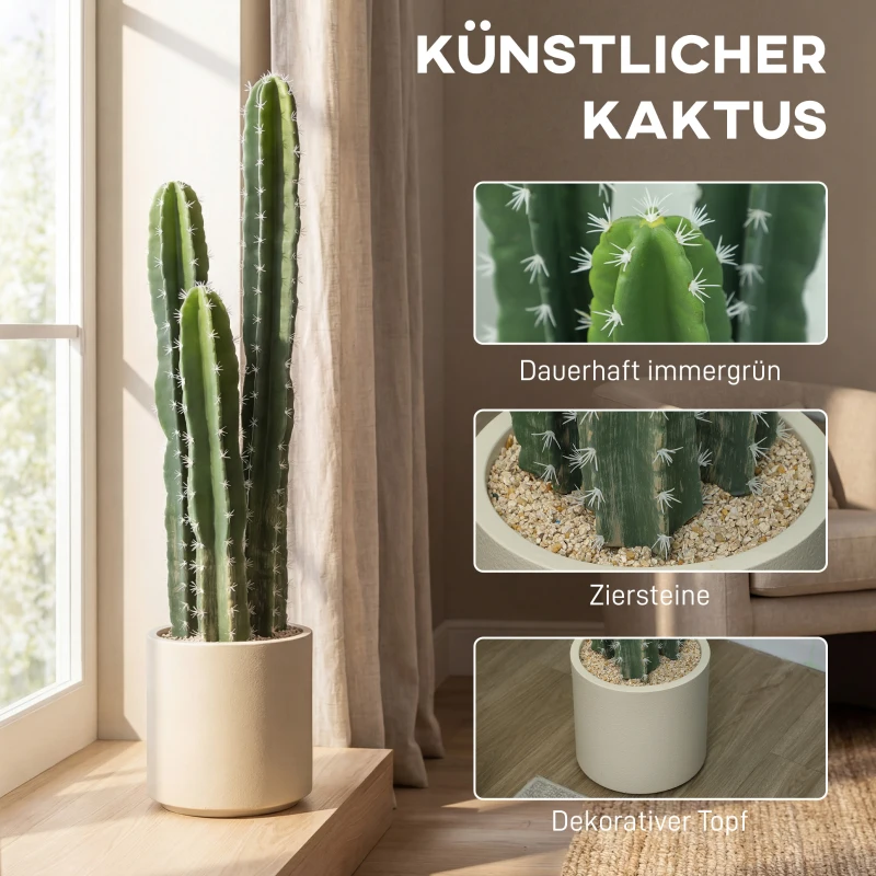 HOMCOM Kunstpflanze Kaktus Pflanzen groß 95 cm mit Topf wie echt für Zuhause, Büro, Grün