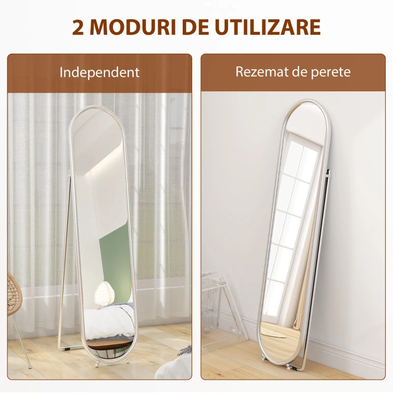 HOMCOM Oglindă de podea în mărime naturală cu suport pliabil, sticlă și metal, 40x4x160 cm, argintiu