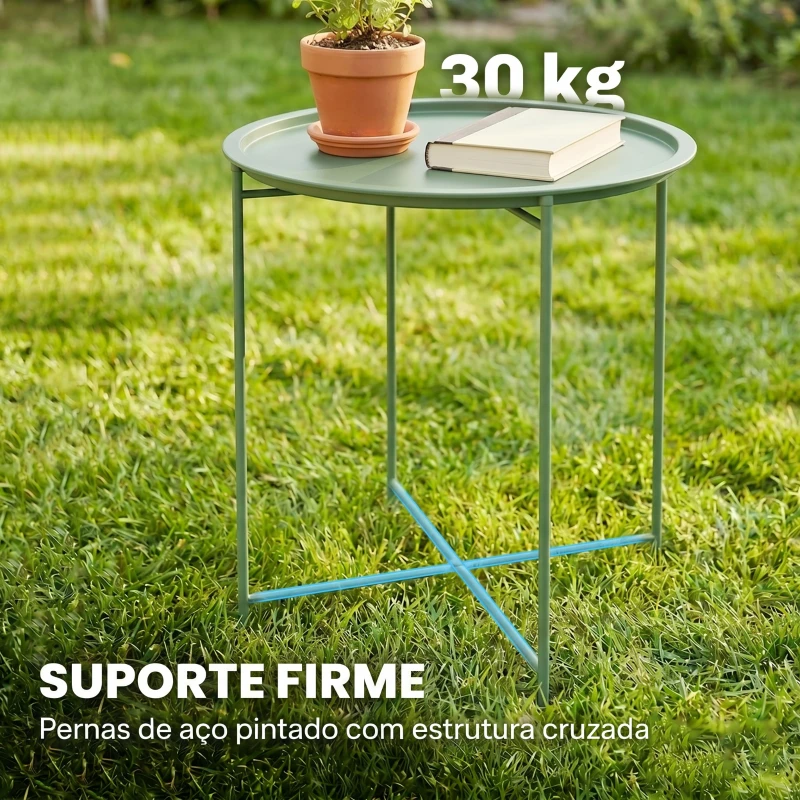 Outsunny Mesa Redonda de Jardim com Tabuleiro Removível, Pés Ajustáveis e Acabamento em Aço para Exterior Ø46x53 cm Verde