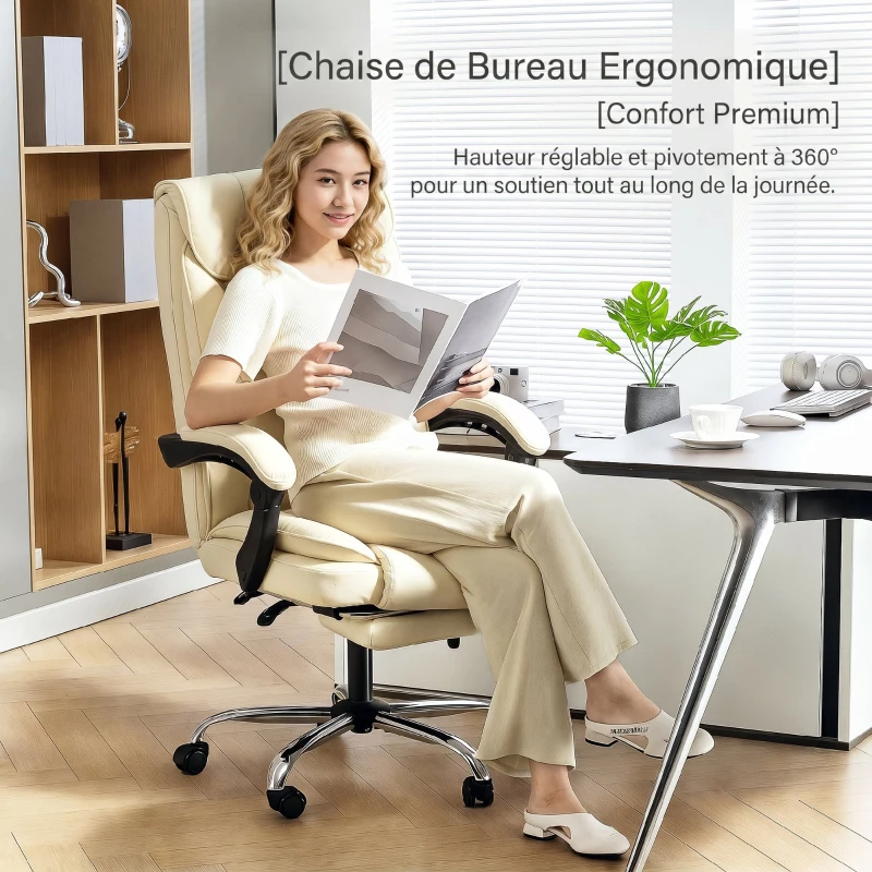 HOMCOM Chaise de bureau ergonomique, fauteuil de bureau inclinable avec repose-pieds, hauteur réglable, pivotante 360°, beige
