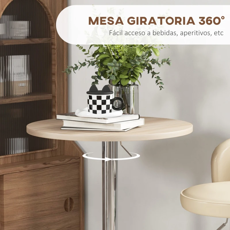 HOMCOM Mesa Alta Cocina Mesa Alta Bar Redonda para 2 Personas Altura Ajustable Tablero Giratorio 360° 60x60x91 cm Roble Claro