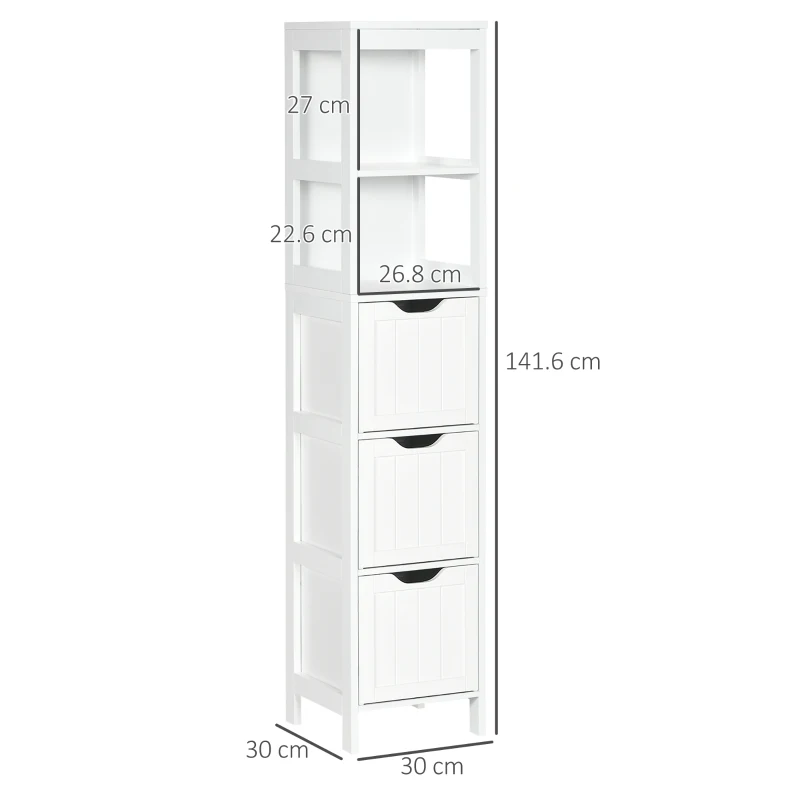 HOMCOM Narrow Floor Cabinet, Bathroom Cabinet with 3 Drawers and 2 Open Shelves, 30W x 30D x 141.6Hcm, White