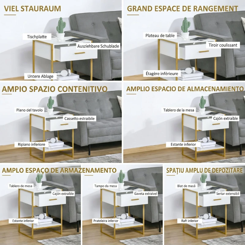 HOMCOM Set 2 noptiere moderne cu sertar și raft deschis din MDF și oțel, 45x40x60cm, alb și auriu