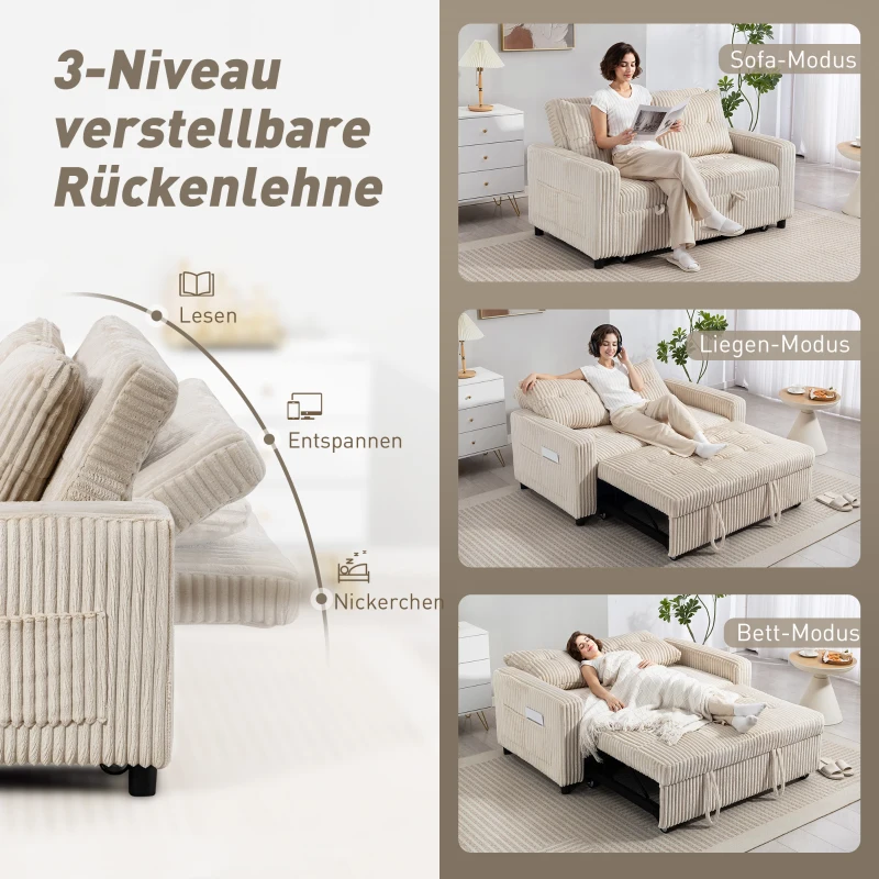 HOMCOM 2-Sitzer Sofabett, Cordbezug, zum Schlafsofa umwandelbar, 2 Kissen, Seitentaschen, 157 x 190 cm, Cremeweiß