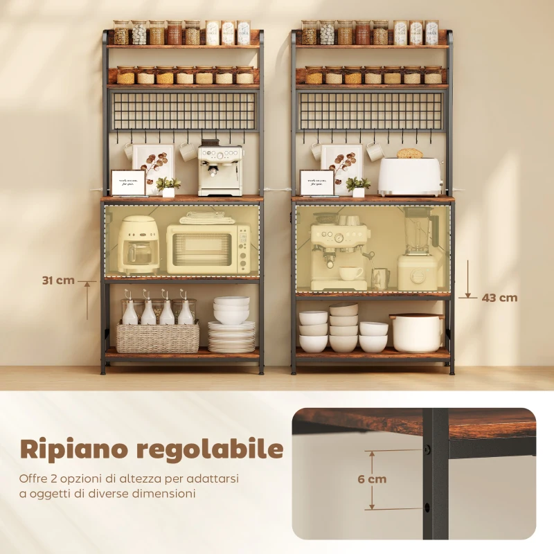 HOMCOM Scaffale da Cucina con Stazione di Ricarica, 5 Ripiani e 10 Ganci a S, in Legno e Acciaio, 80x40x170 cm, Marrone