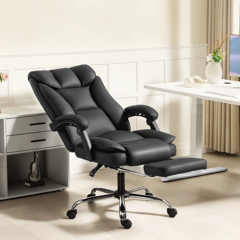 HOMCOM Chaise de bureau ergonomique, fauteuil de bureau inclinable avec repose-pieds, hauteur réglable, pivotante 360°, noir