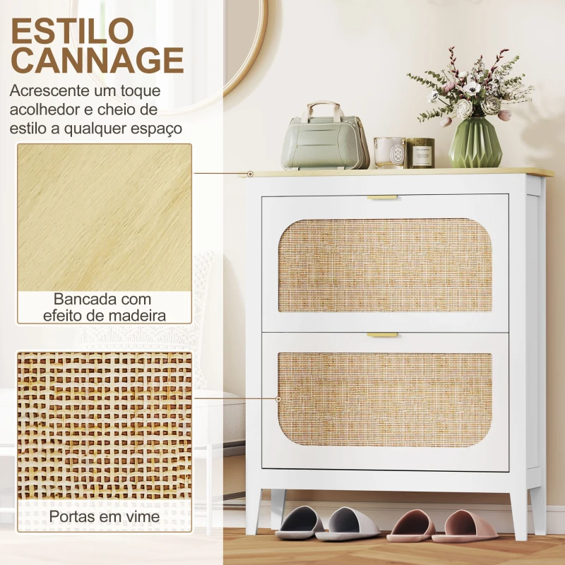 HOMCOM Sapateira Estreita com 2 Portas em Vime e Prateleiras Ajustáveis para 14 Pares de Sapatos 105x24x95,5 cm Branco