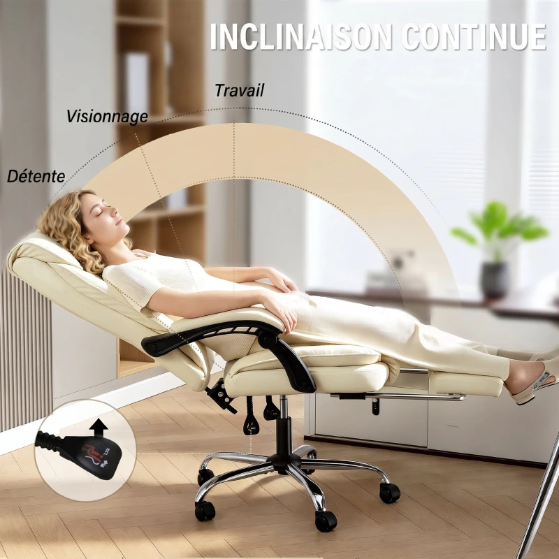 HOMCOM Chaise de bureau ergonomique, fauteuil de bureau inclinable avec repose-pieds, hauteur réglable, pivotante 360°, beige
