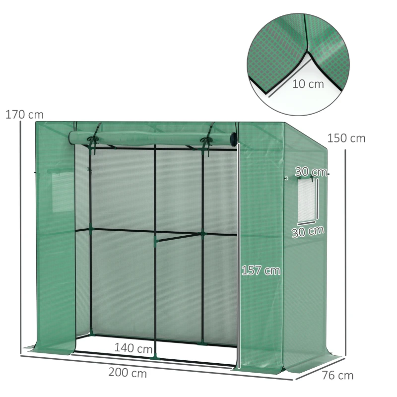 Outsunny Mini-Gewächshaus, Anlehn-Gewächshaus mit Rolltür und Netzfenstern, UV-beständig, für Blumen, Setzlinge, Pflanzen, Grün