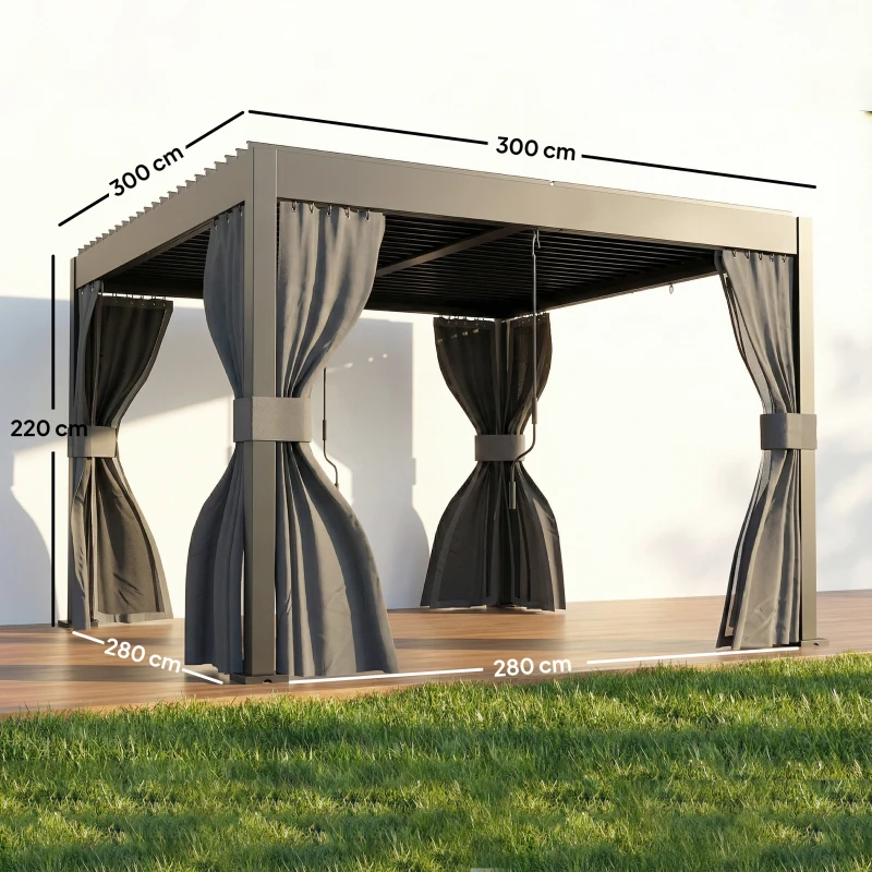 Outsunny 3 x 3 m Louvered Pergola with Adjustable Metal Louvred Roof, Aluminium Patio Gazebo with Netting and Curtains, Dark Grey