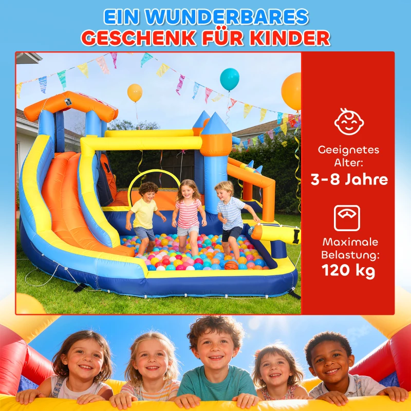 AIYAPLAY 8-in-1 Hüpfburg mit Gebläse Rutsche Planschbecken Trampolin Kletterwand für Indoor Outdoor 350x325x210cm Mehrfarbig